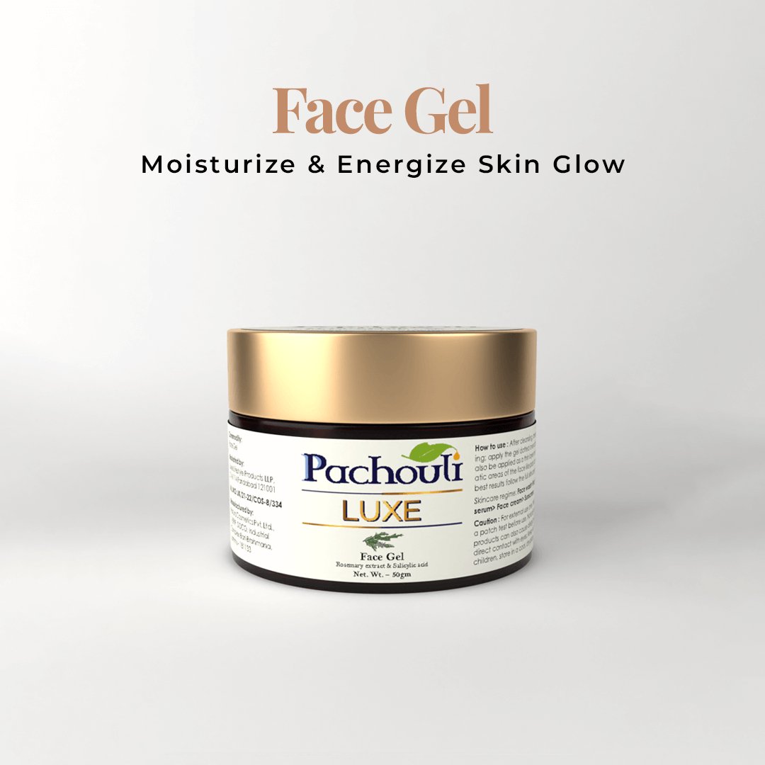 Face Gel: Moisturize & Energize Skin Glow - 50gm - Plastic Bottle - Pachouli LUXE