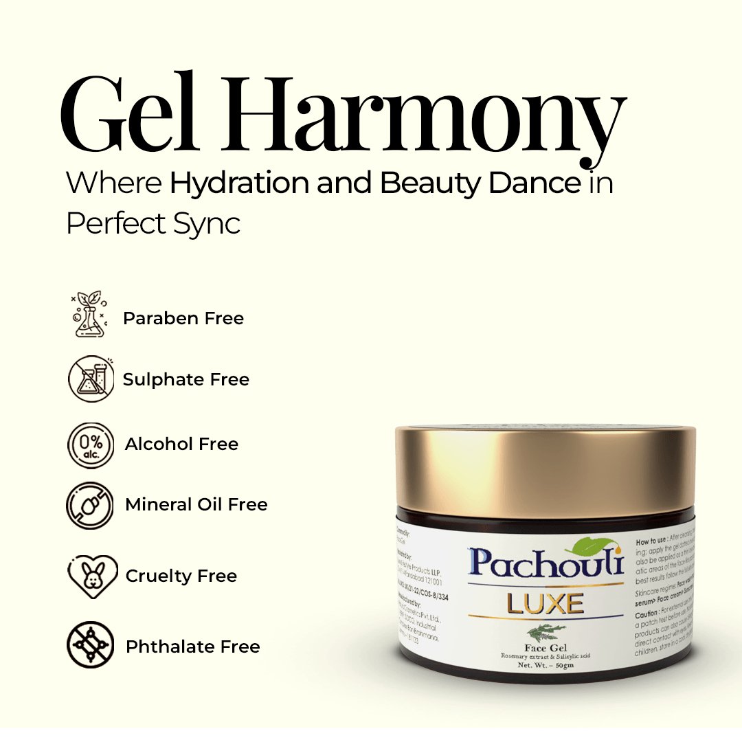 Face Gel: Moisturize & Energize Skin Glow - 50gm - Plastic Bottle - Pachouli LUXE