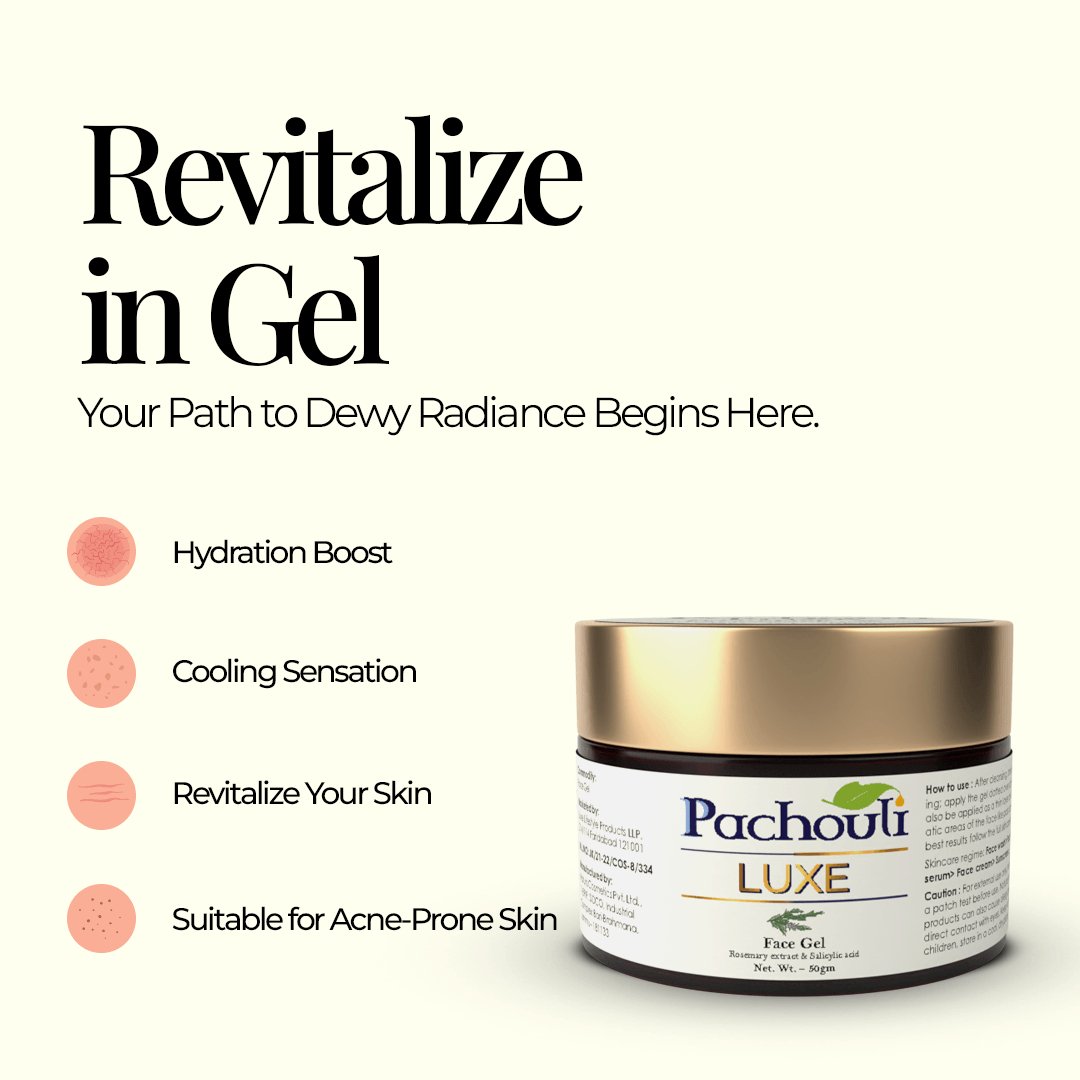 Face Gel: Moisturize & Energize Skin Glow - 50gm - Plastic Bottle - Pachouli LUXE