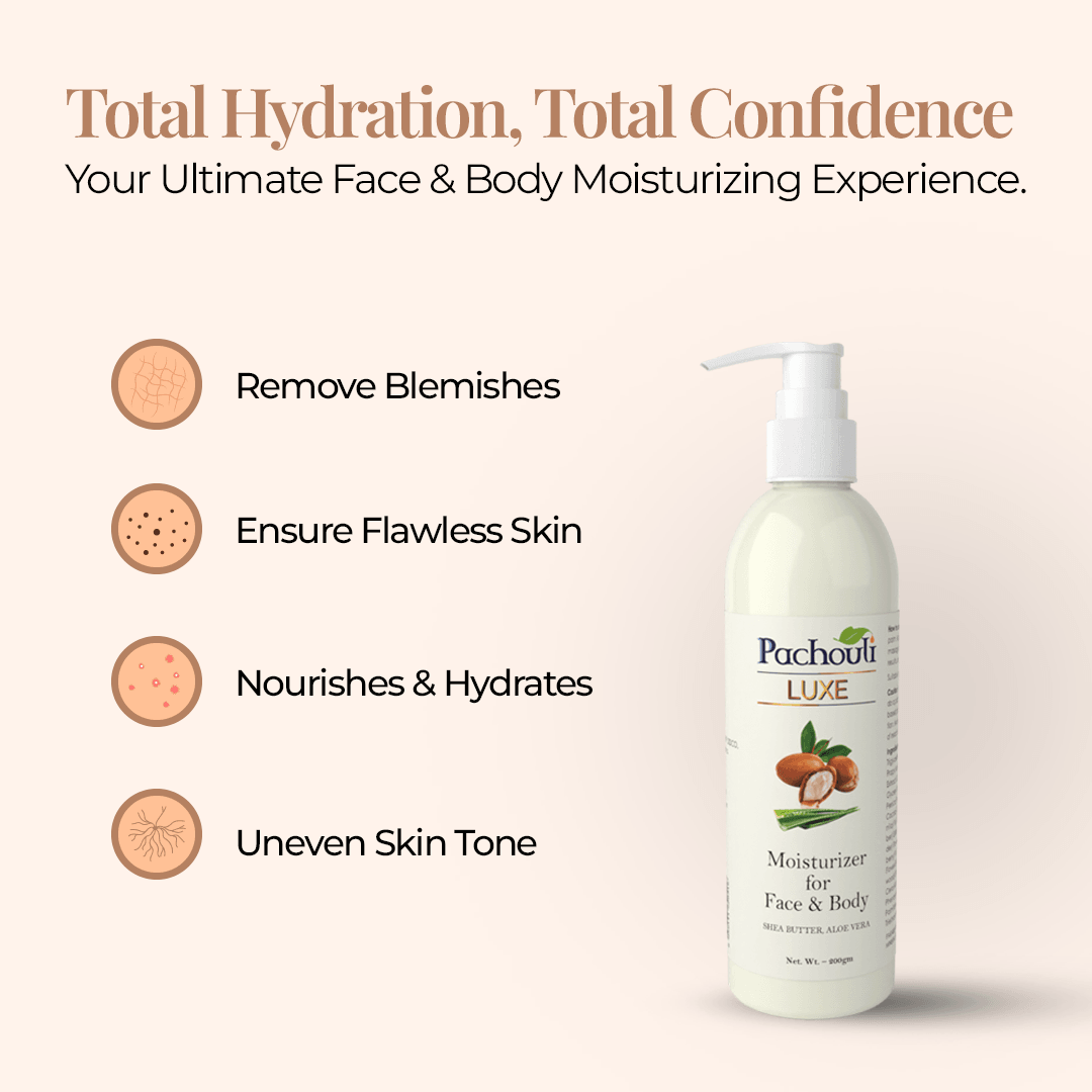 Moisturizer for Face & Body: Magic of Aloevera & Shea Butter - 200gm - Plastic Bottle - Pachouli LUXE