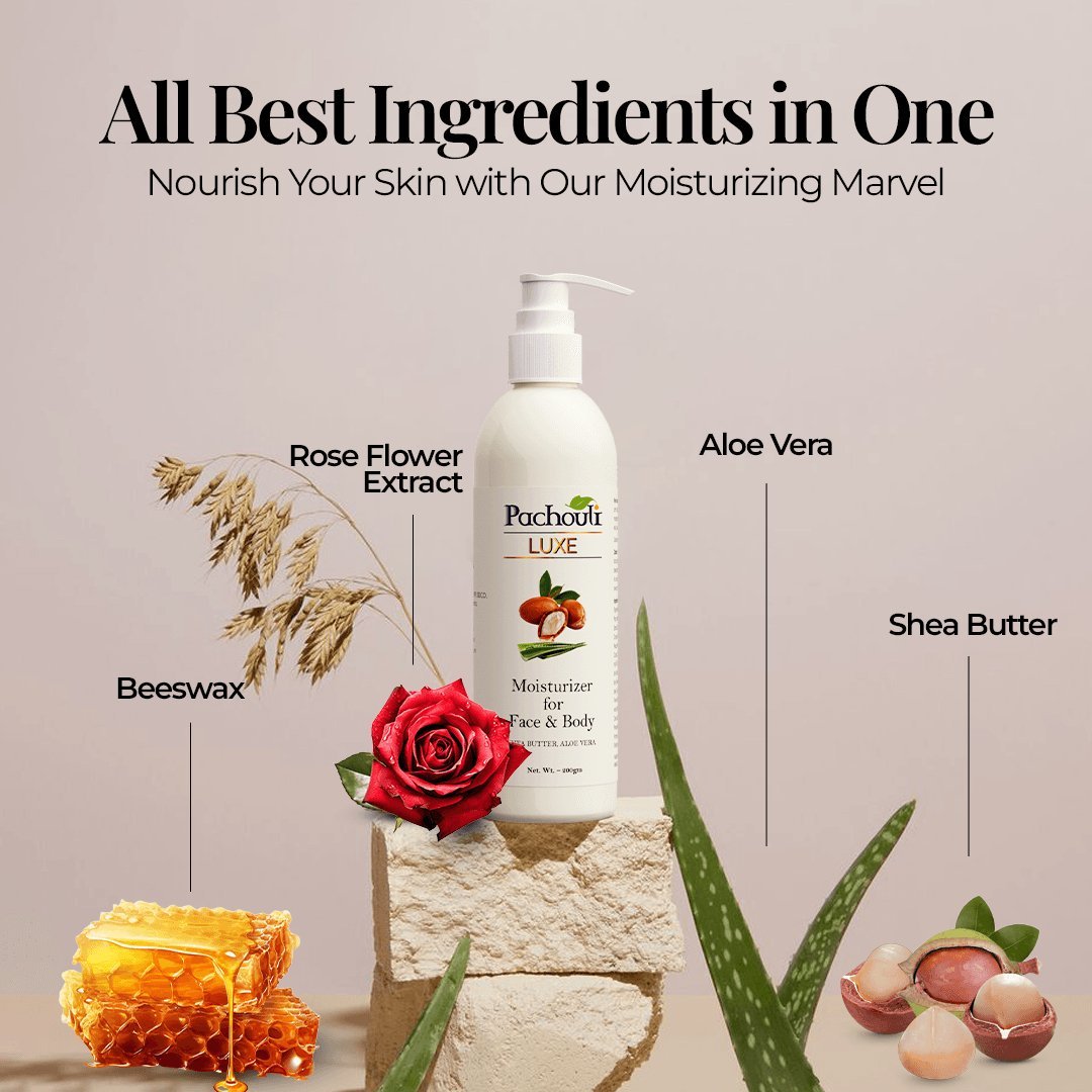 Moisturizer for Face & Body: Magic of Aloevera & Shea Butter - 200gm - Plastic Bottle - Pachouli LUXE
