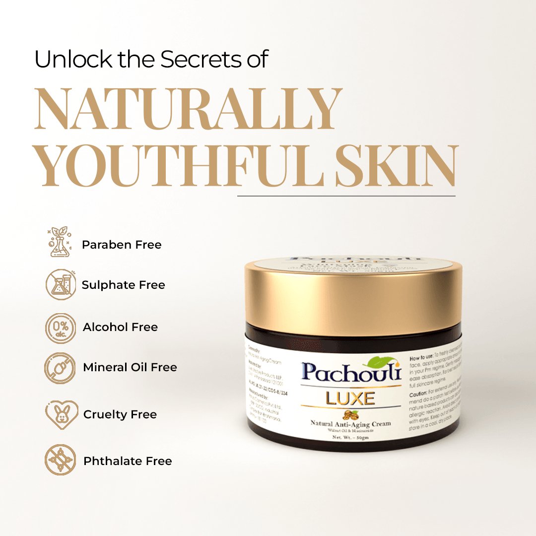Natural Anti-Aging Cream: Reduces Fine Lines & Wrinkles - 50gm - Plastic Bottle - Pachouli LUXE