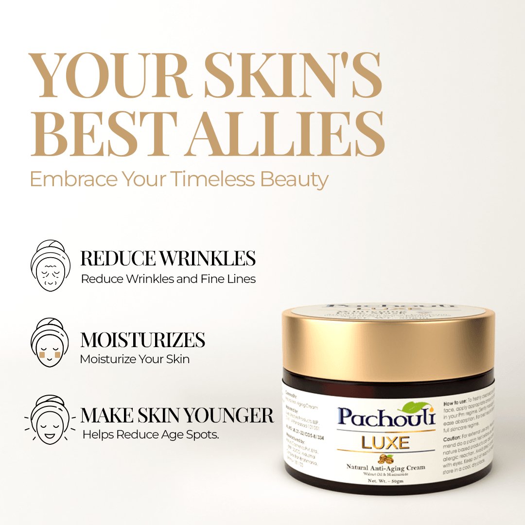 Natural Anti-Aging Cream: Reduces Fine Lines & Wrinkles - 50gm - Plastic Bottle - Pachouli LUXE