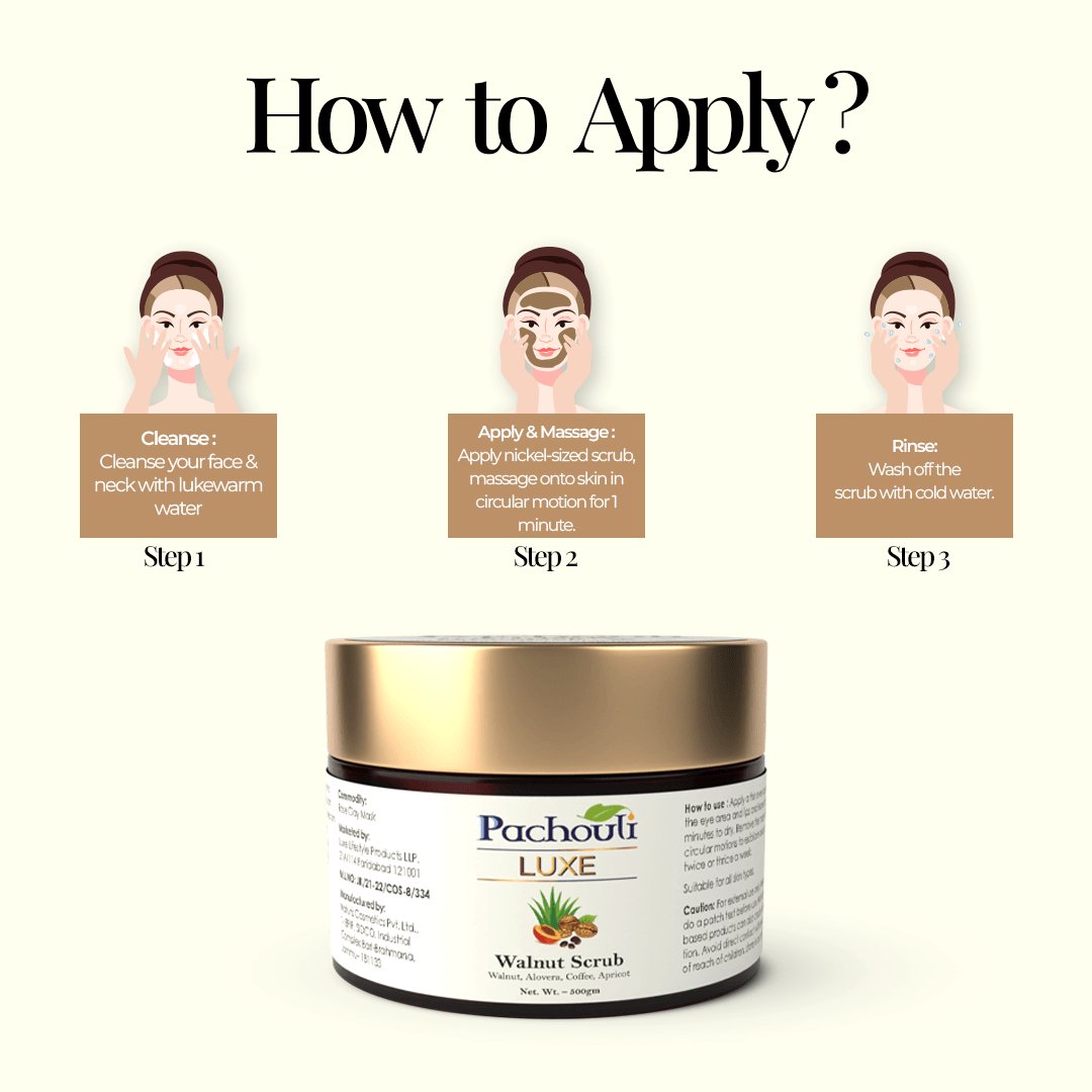 Walnut Face Scrub: Improves Skin Tone & Reduces Acne - 50gm - Plastic Bottle - Pachouli LUXE