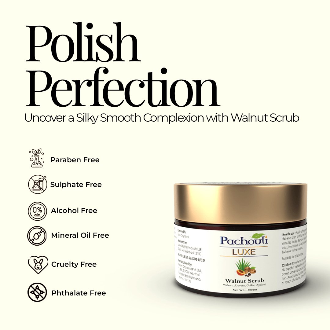 Walnut Face Scrub: Improves Skin Tone & Reduces Acne - 50gm - Plastic Bottle - Pachouli LUXE